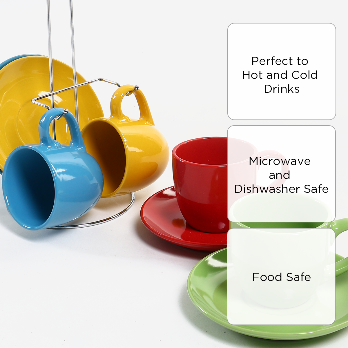 Hosh  Set of 8 Colored Cup and Saucer with Rack