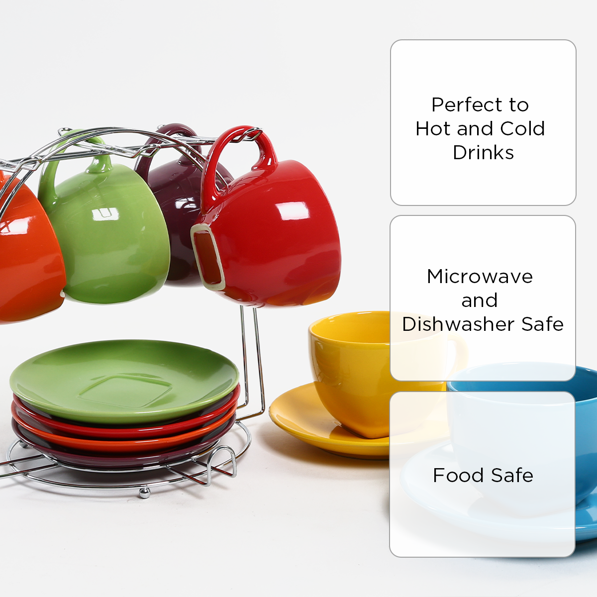 Hosh Set of 12 Colored Cup and Saucer with Rack