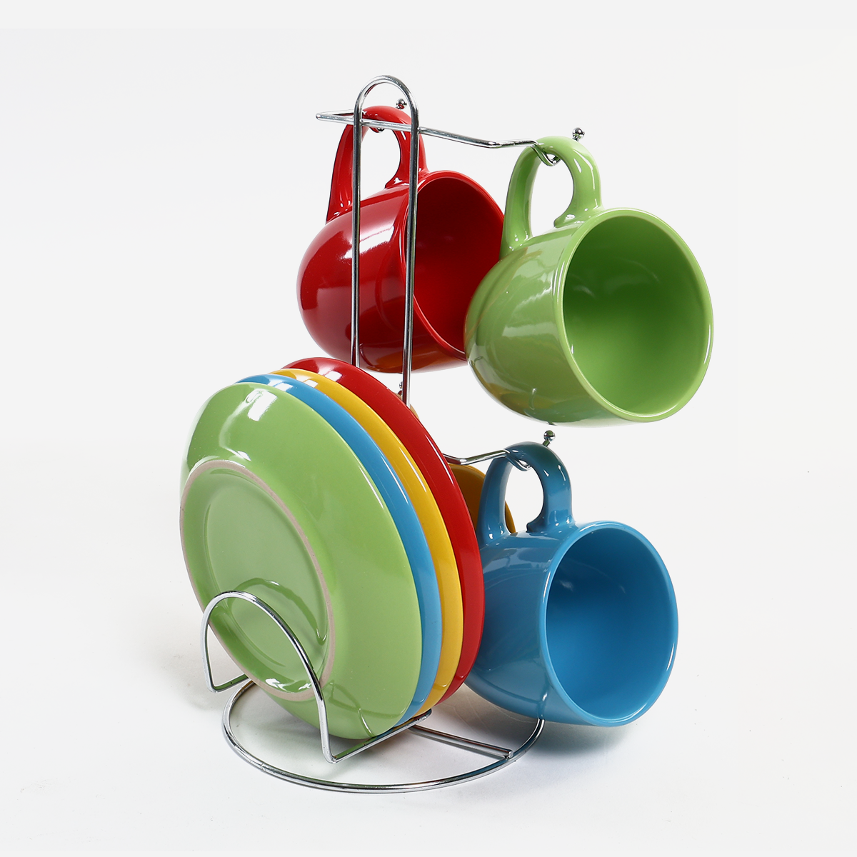 Hosh  Set of 8 Colored Cup and Saucer with Rack