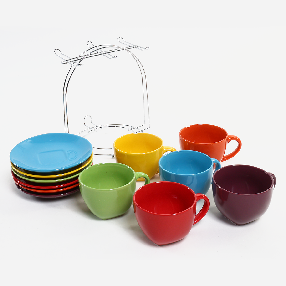 Hosh Set of 12 Colored Cup and Saucer with Rack