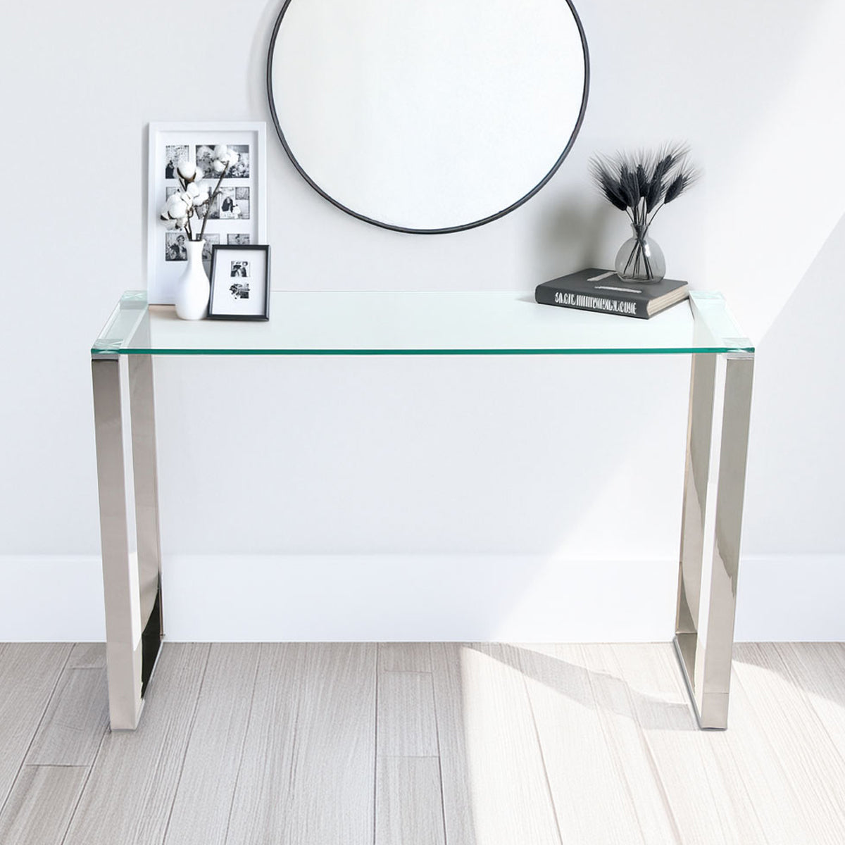 SM Home Pamell Console Table SS150C - Clear Glass Top and Metal Legs