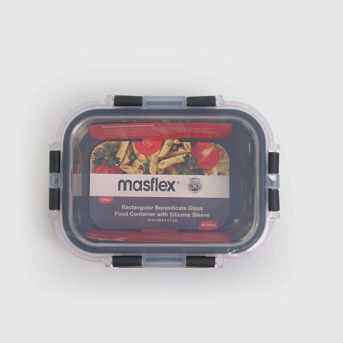 Masflex Rectangular Glass Food Container With Silicone - 370ml