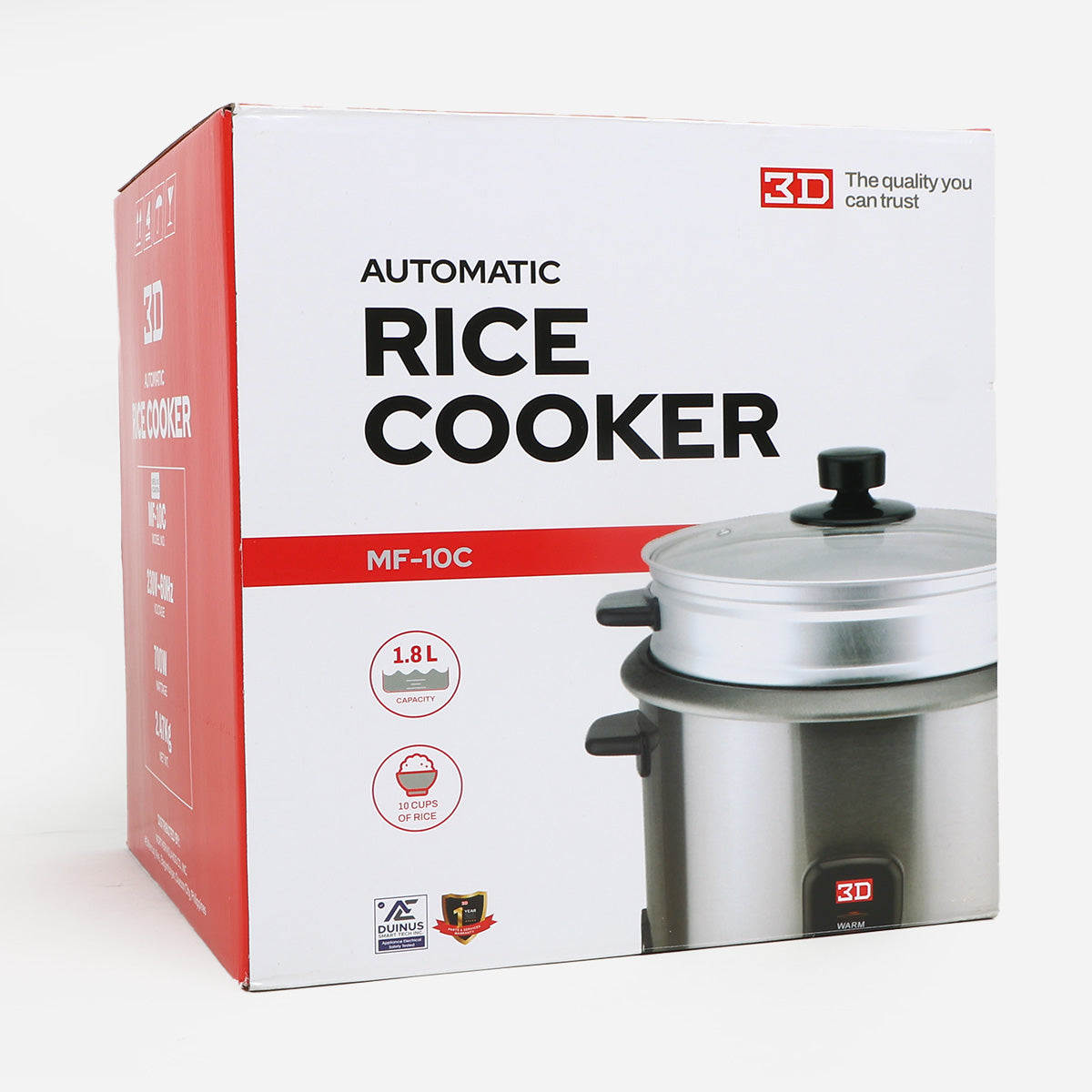 3D Rice Cooker with Steamer and Glass Lid MF10C - 1.8L