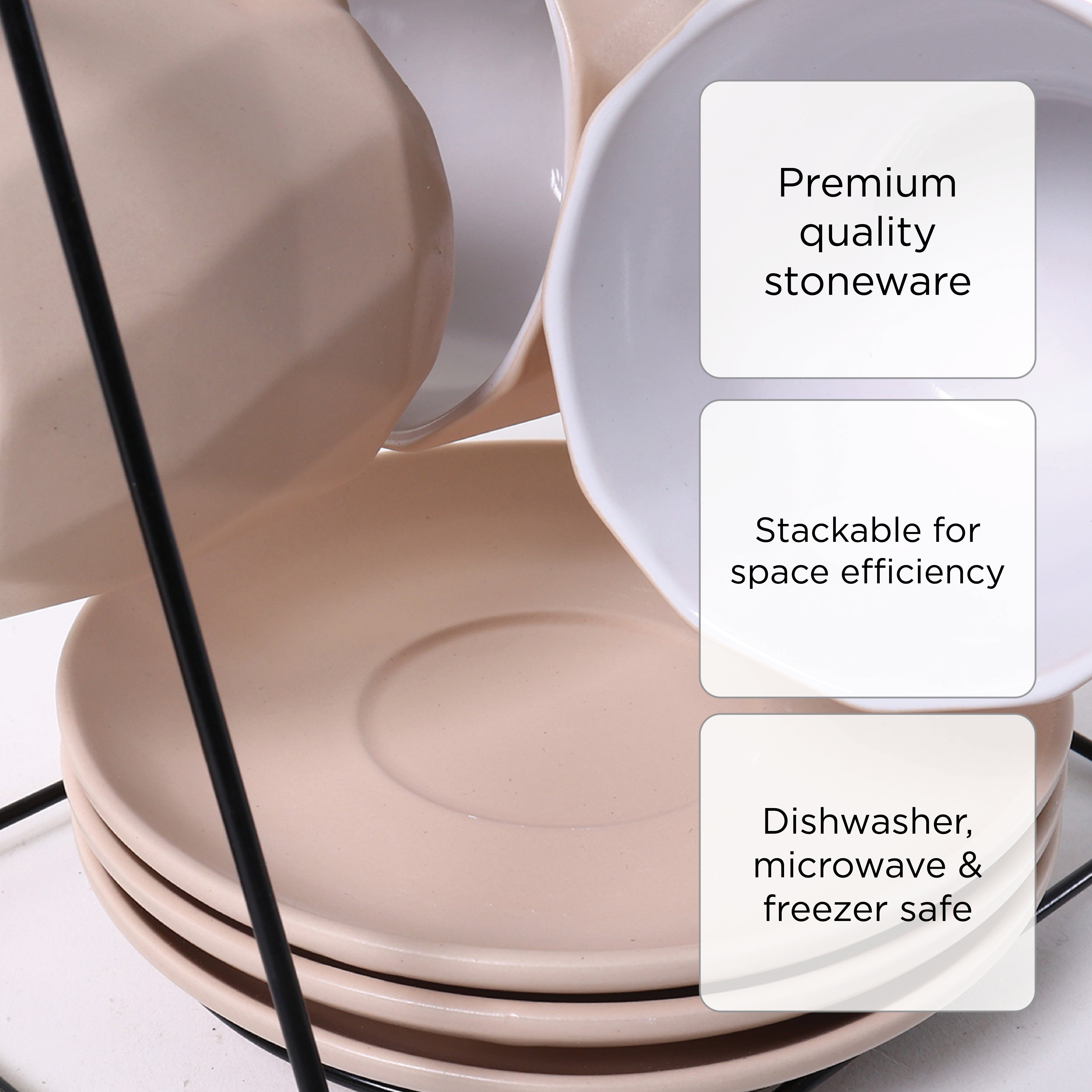 Masflex Set of 8 Cup and Saucer Set with Rack (Beige) - 250ml