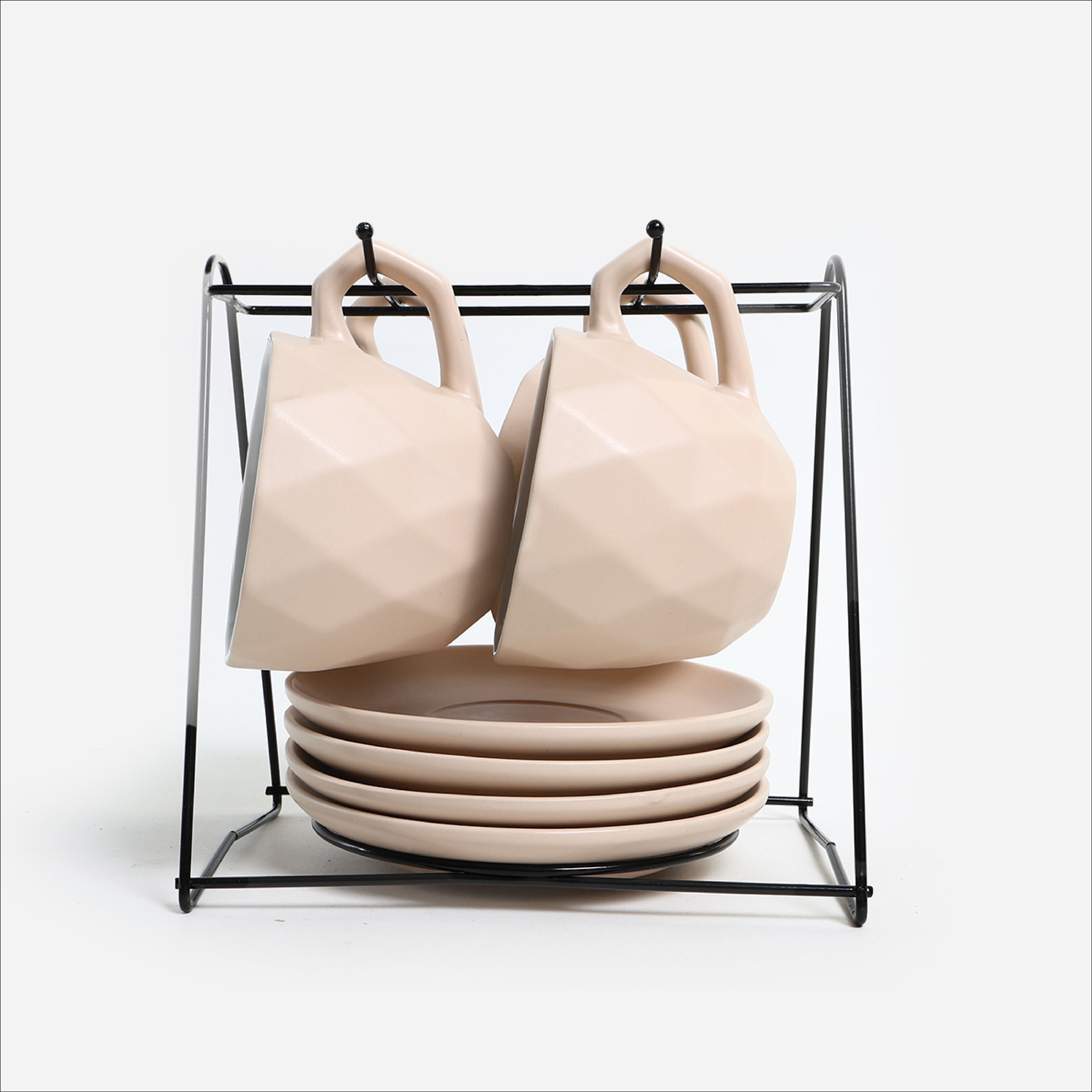 Masflex Set of 8 Cup and Saucer Set with Rack (Beige) - 250ml