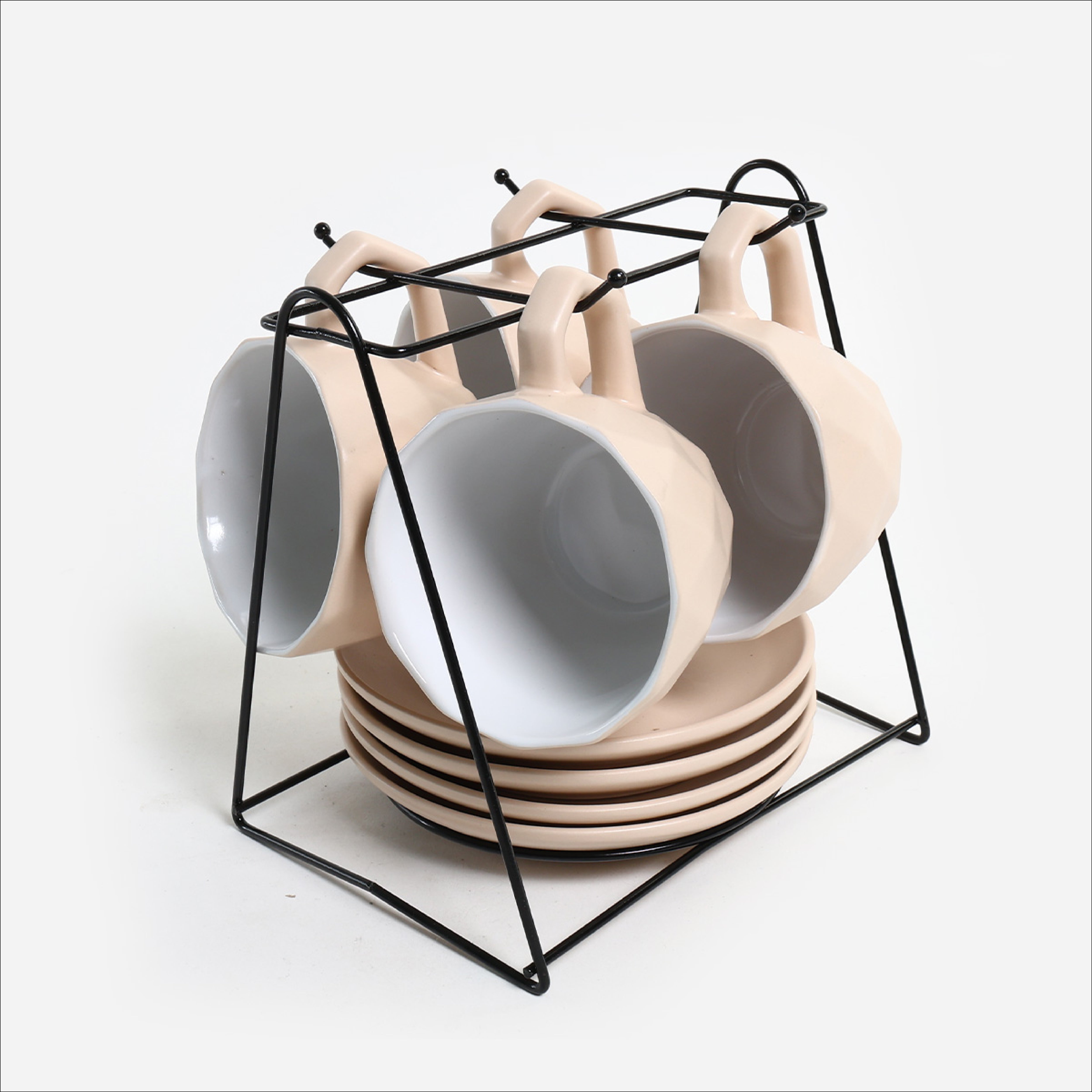 Masflex Set of 8 Cup and Saucer Set with Rack (Beige) - 250ml