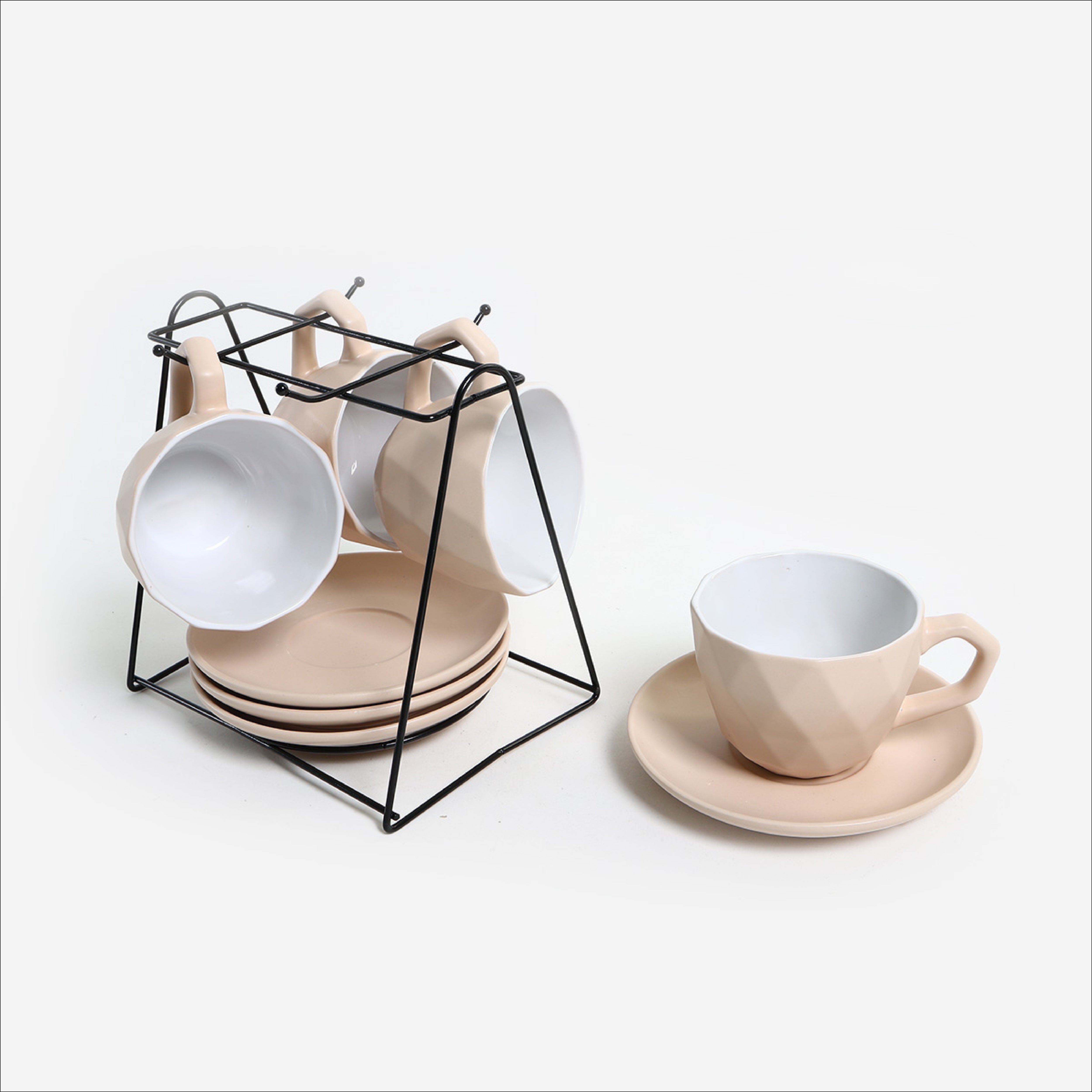 Masflex Set of 8 Cup and Saucer Set with Rack (Beige) - 250ml
