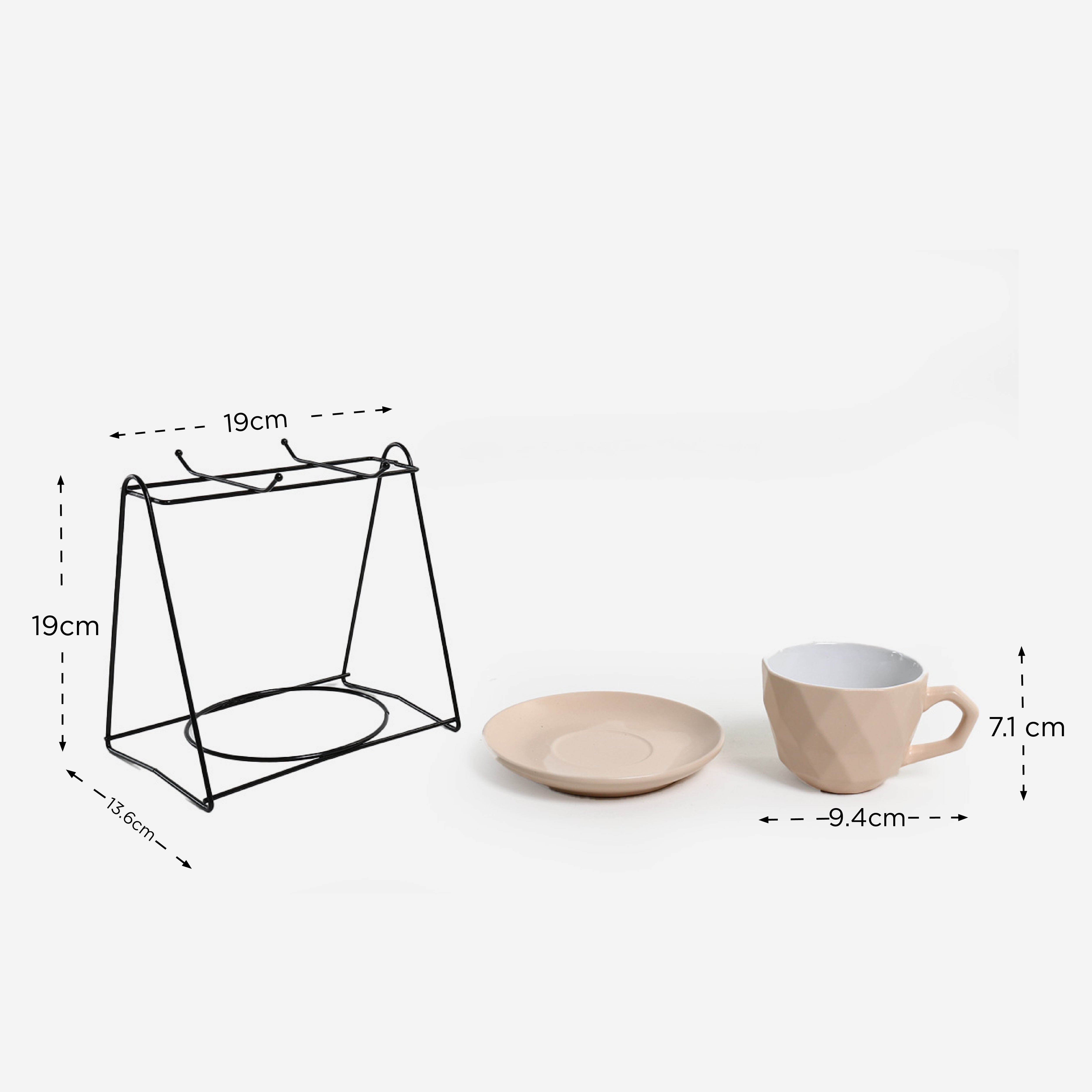 Masflex Set of 8 Cup and Saucer Set with Rack (Beige) - 250ml