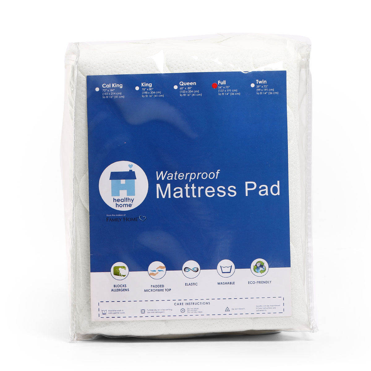 Family Home Healthy Home Waterproof Mattress Pad Full Size (White)