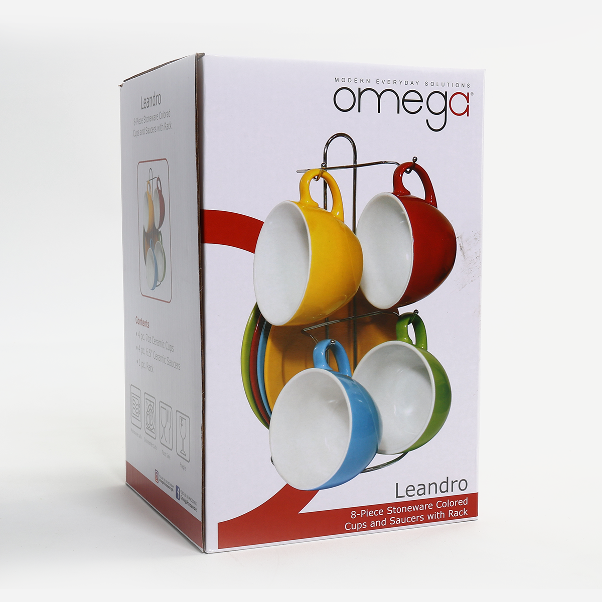 Omega Set of 8 Leandro Stoneware Colored Cup and Saucer with Rack