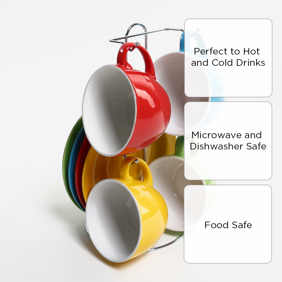 Omega Set of 8 Leandro Stoneware Colored Cup and Saucer with Rack