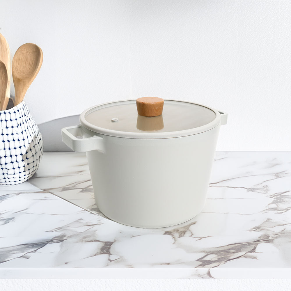 Neoflam Fika Cast Aluminum Deep Stock Pot with Glass Lid 22cm - Sahara Sand