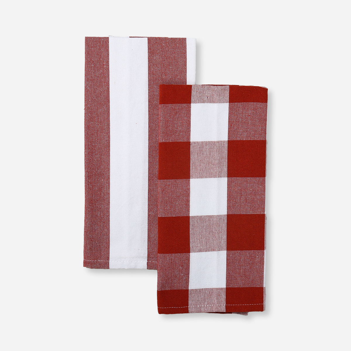 Hosh Set of 2 Kitchen Towels Big Checkered and Stripes - Red
