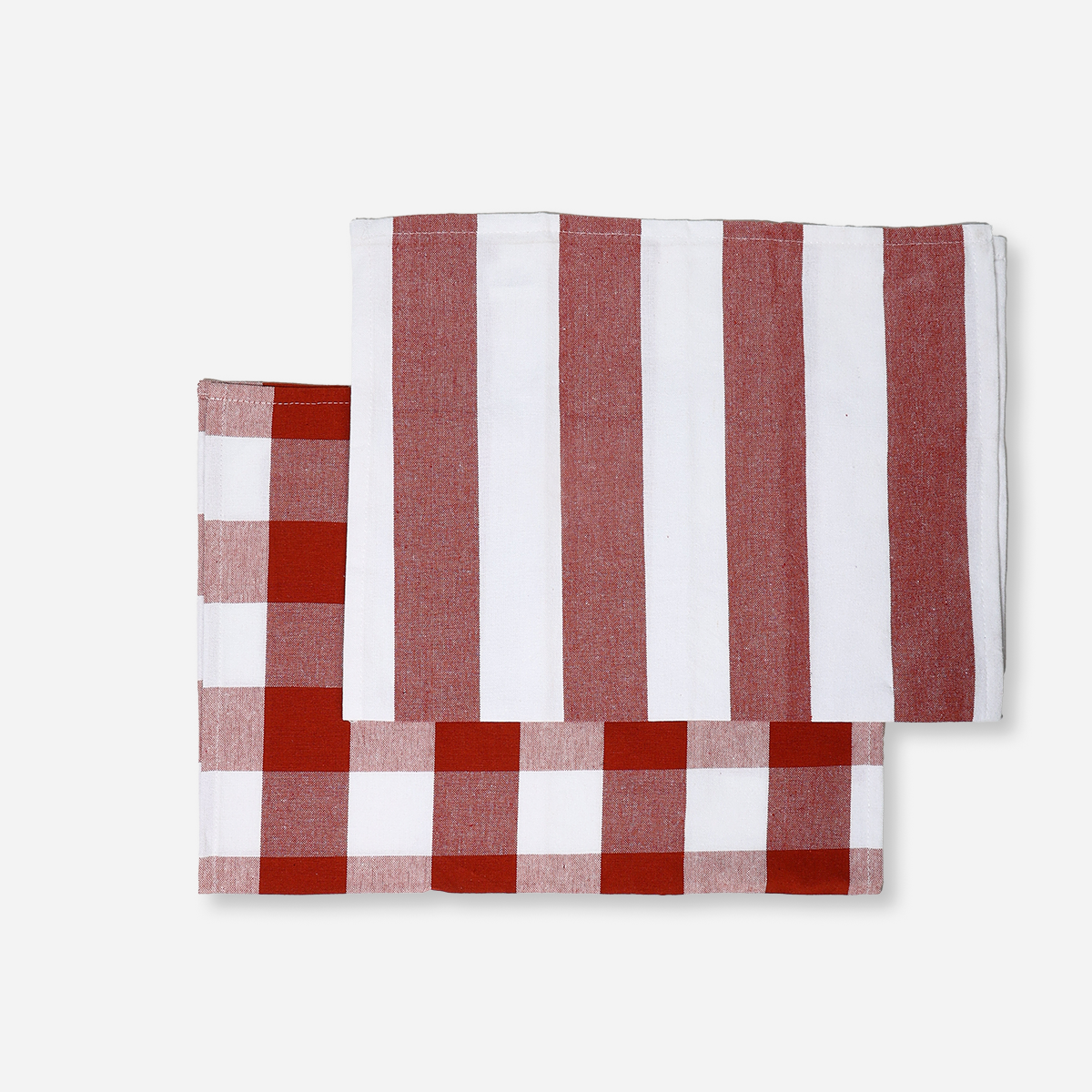 Hosh Set of 2 Kitchen Towels Big Checkered and Stripes - Red