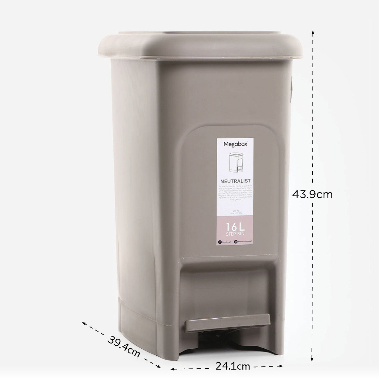 Megabox Neutralist Slim Step Bin MG-711 (Stone Grey) - 16L