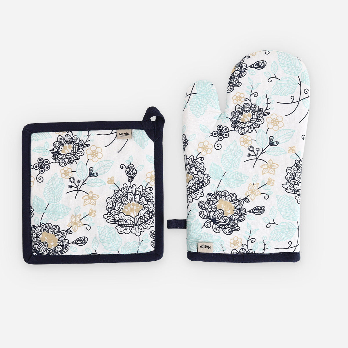Martha Stewart 2-Piece Pot Holder/Mitten Set Midnight Floral Cotton