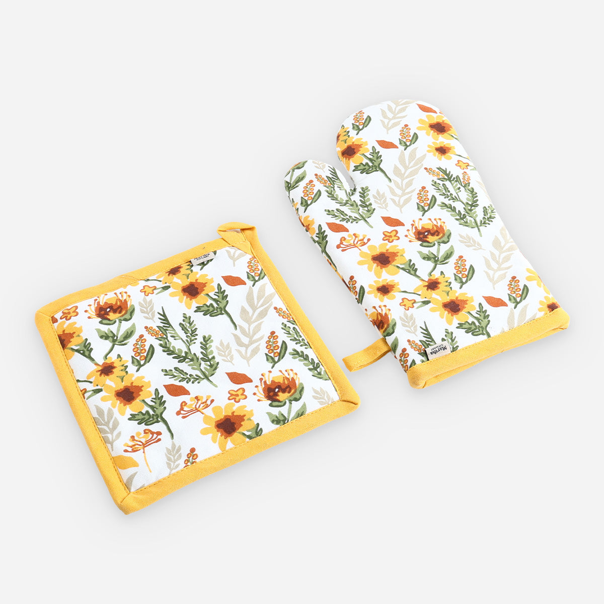 Martha Stewart 2-Piece Pot Holder/Mitten Set Summer Floral Pattern Cotton