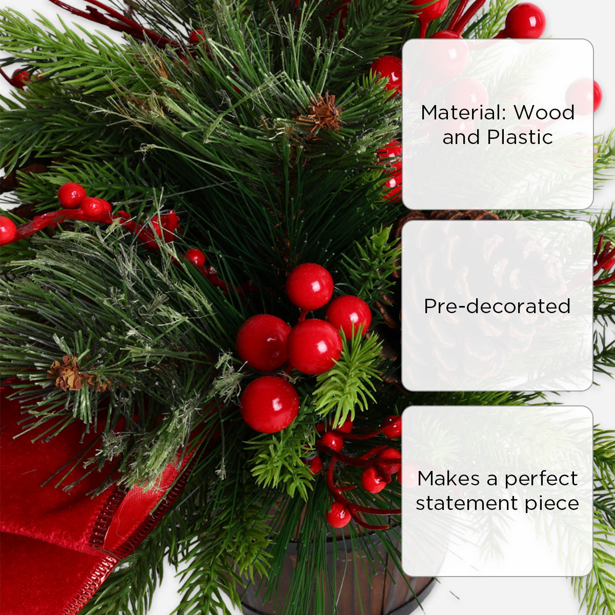 SM Home XDA2519 Christmas Arrangement with Berries, Ribbon and Pine Cone - Red