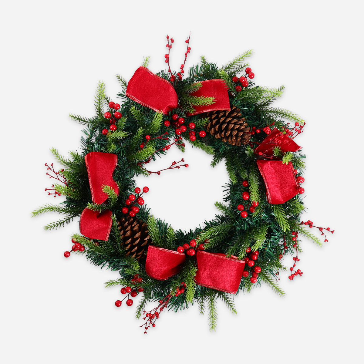 SM Home WR2503 Christmas Wreath with Berries, Ribbon and Cone - Red