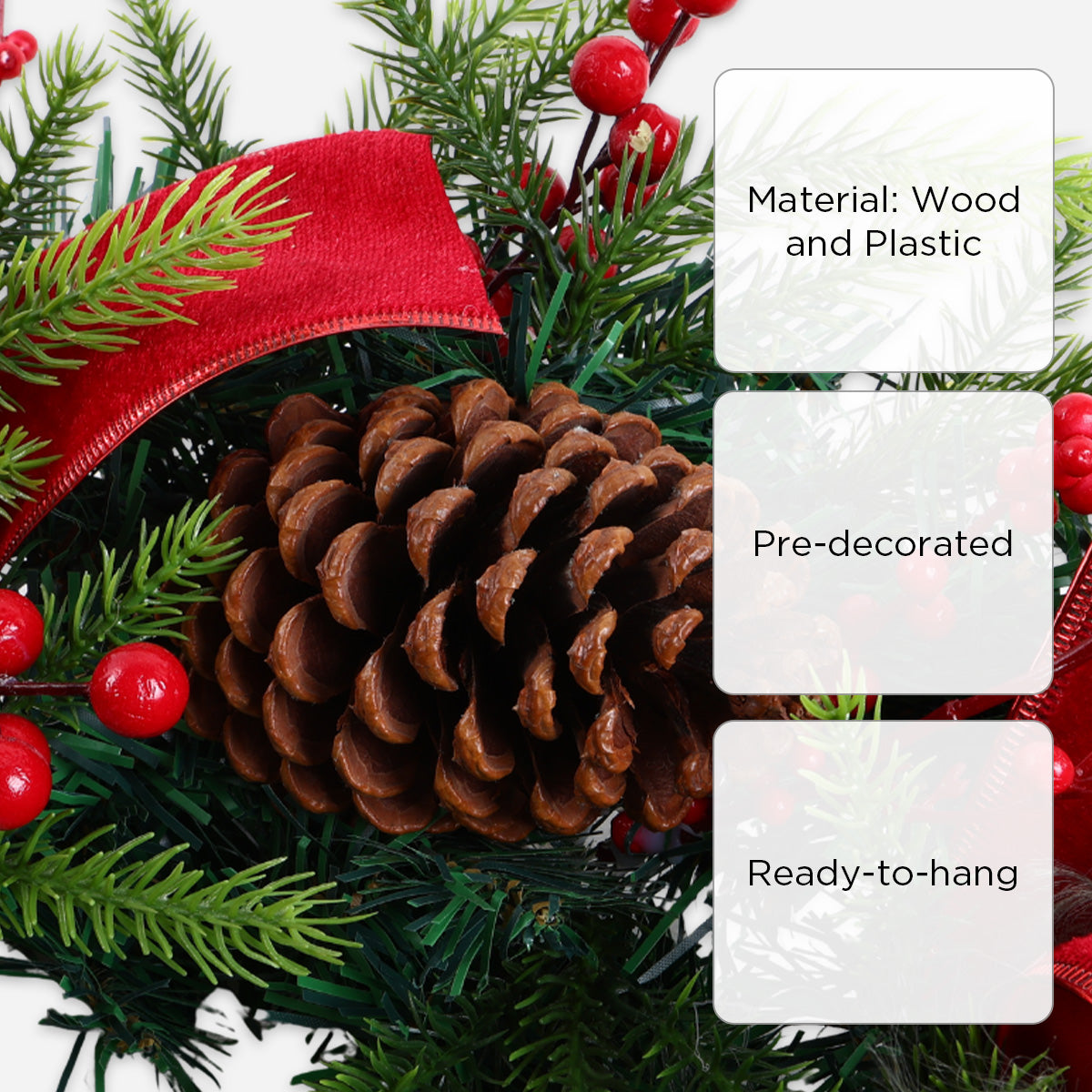 SM Home WR2503 Christmas Wreath with Berries, Ribbon and Cone - Red