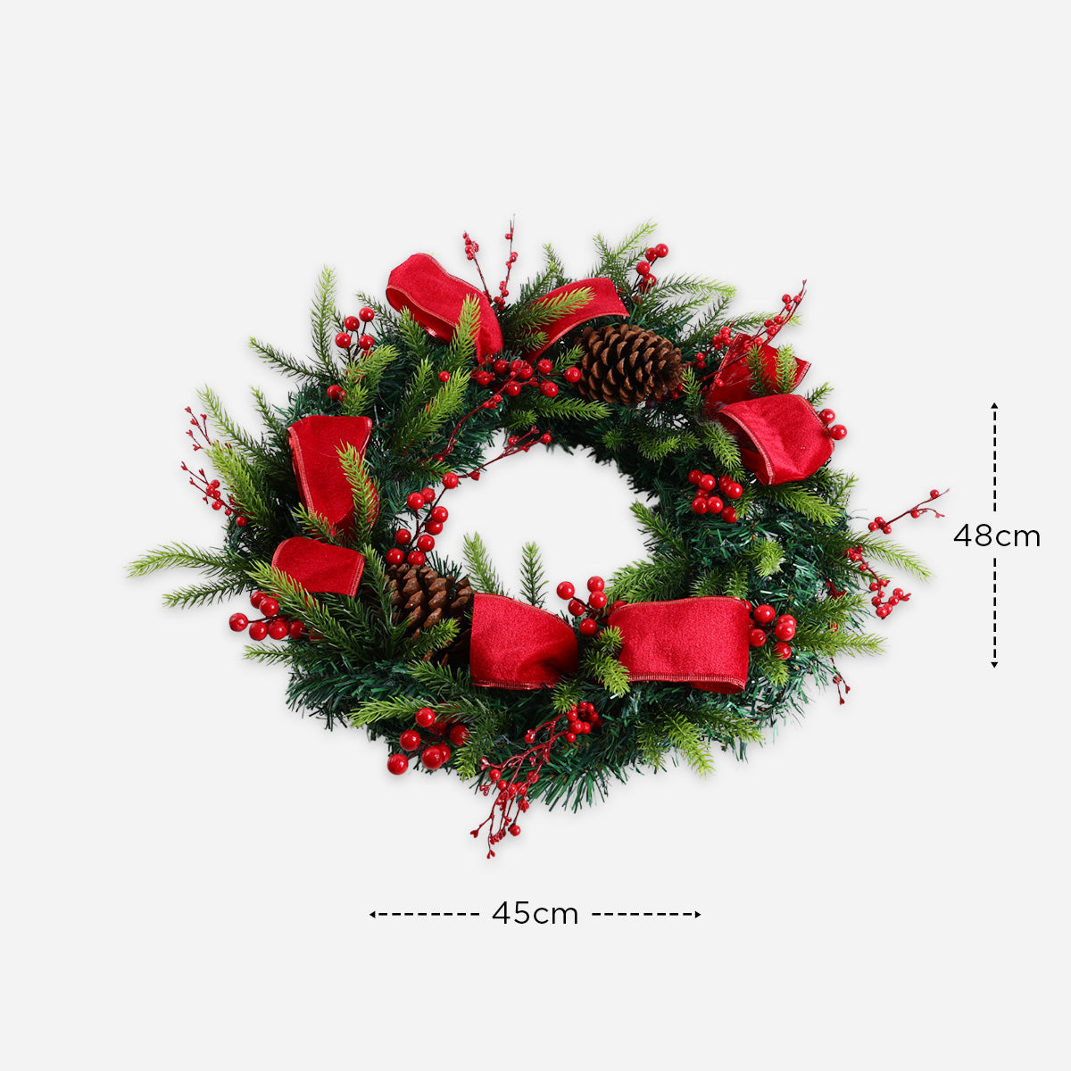 SM Home WR2503 Christmas Wreath with Berries, Ribbon and Cone - Red