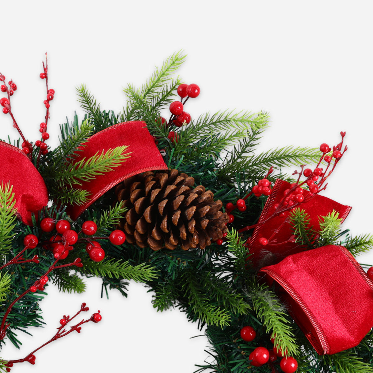 SM Home WR2503 Christmas Wreath with Berries, Ribbon and Cone - Red