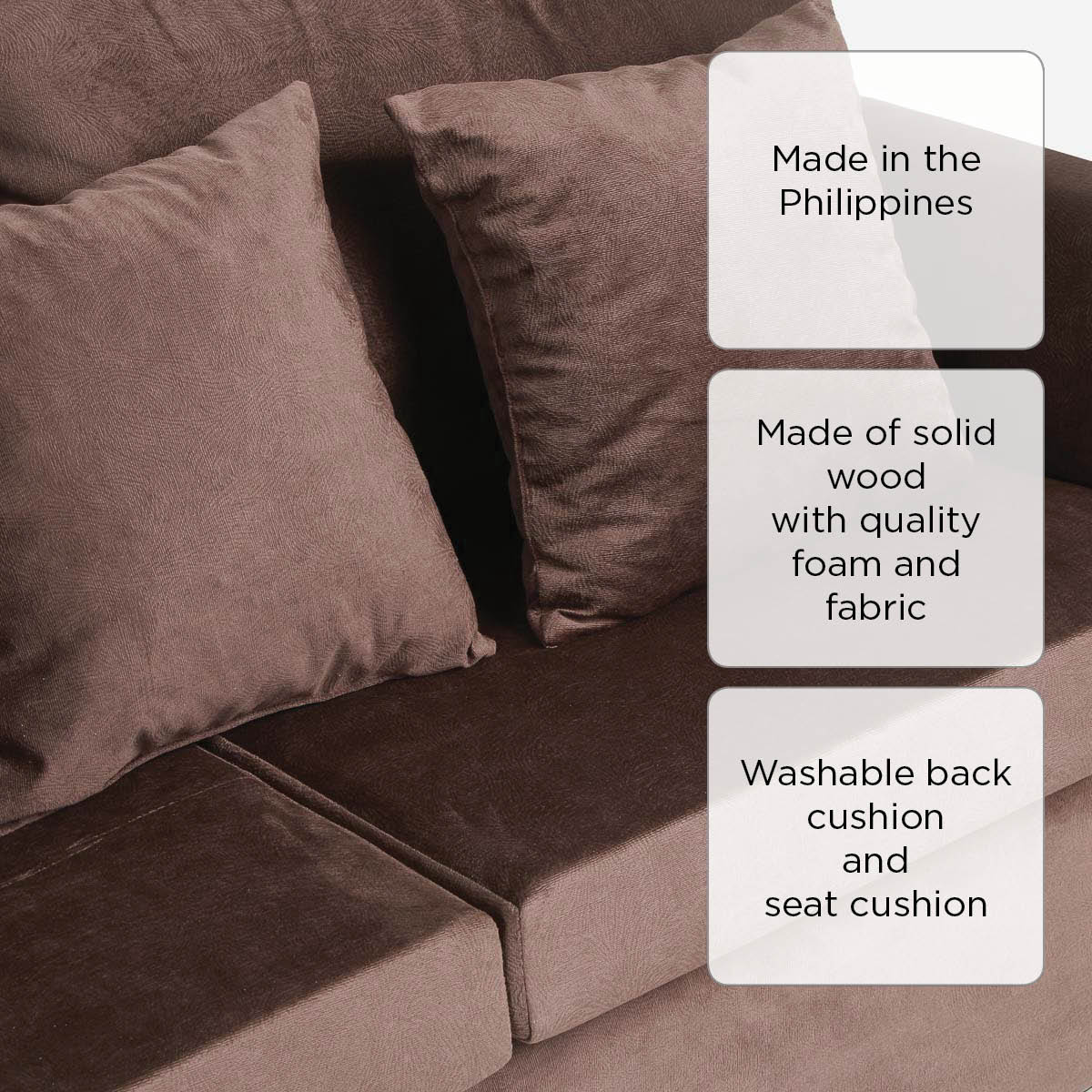 Serena 3-Seater Sofa with 3 Throw Pillows - Col3Brown